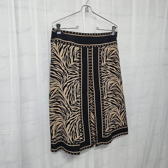 Silkland Tan Black Animal Print Pleated A-Line Skirt Tribal Safari Office 6 - Picture 4 of 14